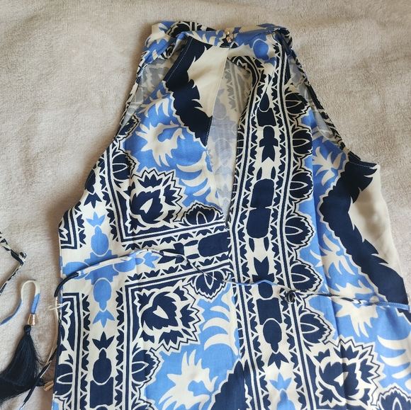H&M Tie-belt Scarf Prints Dress long  maxi Cream/blue Patterned BNWT - Picture 7 of 14